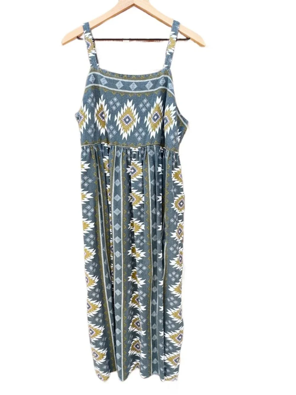 Sonoma Goods For Life Jumper Dress Womens XL Gray Green Aztec Print Pockets Boho - Picture 2 of 14